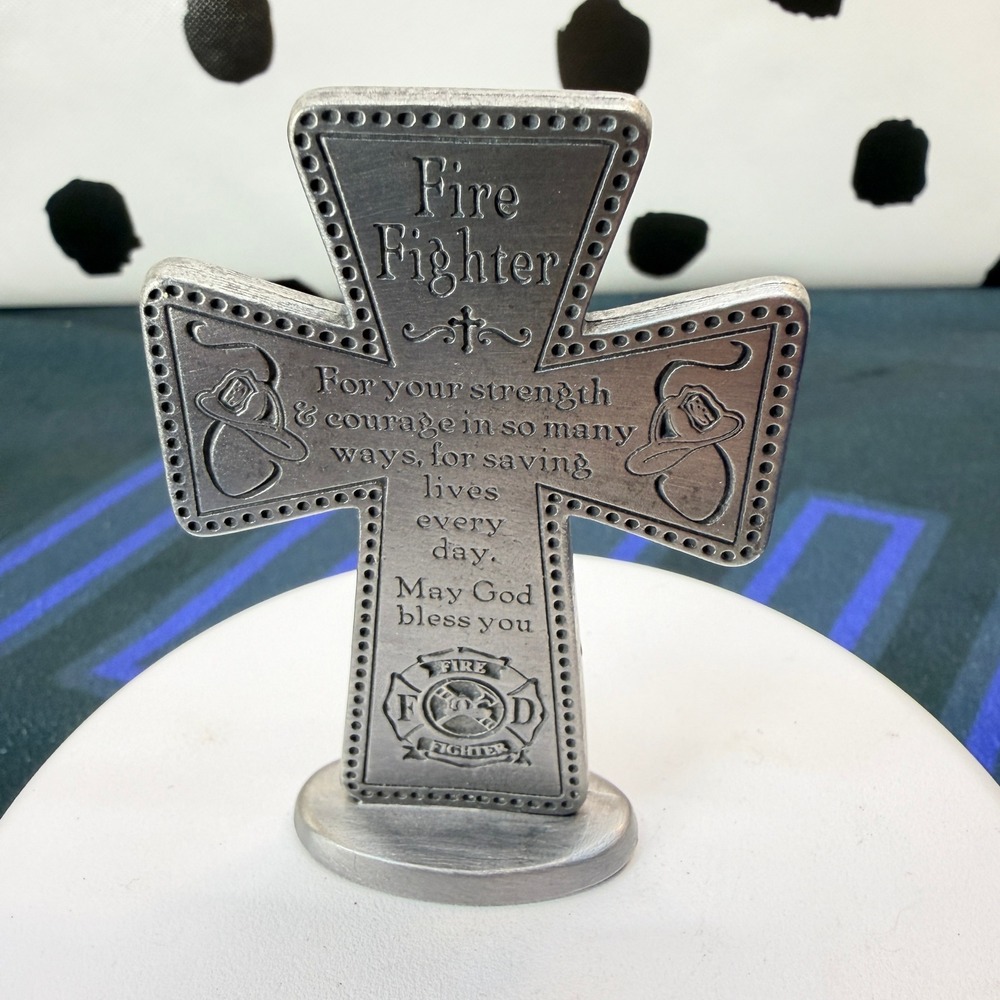 CAMCO Metal Firefighter Prayer Standing Cross Table Figurine Desk Statue 3"